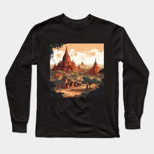 Illustration of Bagan, Myanmar on sunset Long Sleeve T-Shirt